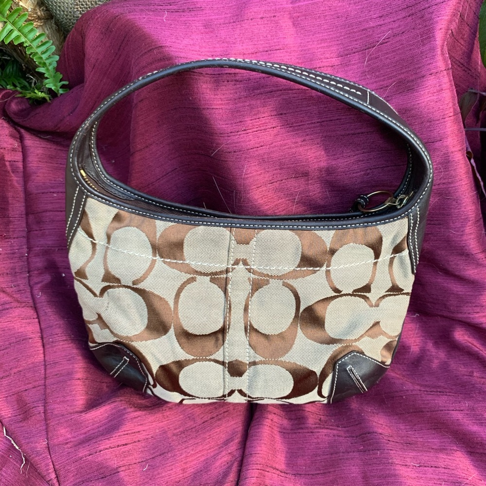 Coach Vintage 90s hobo brown leather and Coach Logo Fabric handbag Pre- Owned